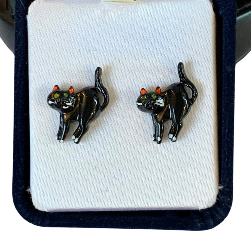 Black Cat Miniature Stud Earrings, Vintage - (1980's)